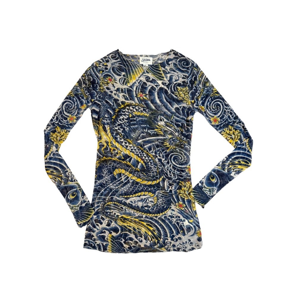 Jean Paul Gaultier Dragon Tattoo Mesh Top XS Y2K Archival Streetwear Avant Garde